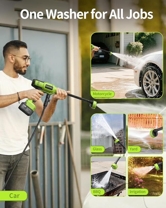Cordless Portable Washer, 1100 PSI Battery Operated Washer with All-Copper Motor, Battery, 23FT Hose, Storage Bag; Handheld Washer; Lightweight Car Washer for Home, Garden (Pioneer Green)