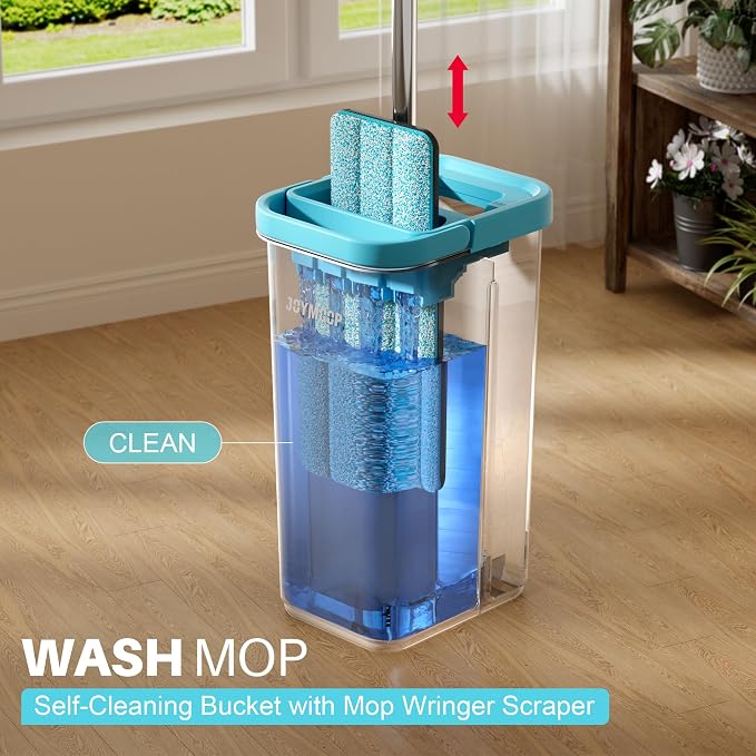 JOYMOOP Mop and Bucket Set with Wringer, with 5 Reusable Microfiber Mop Pads, Mops for Floor Cleaning and Wall Cleaning, Hands-Free Flat Mop for Home Use - Grey+Cyan Blue