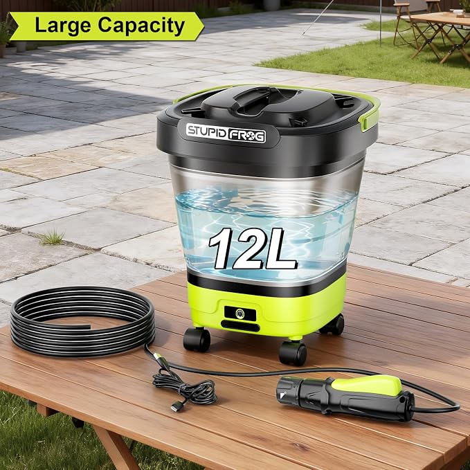 Portable Foldable Max 72 PSI Hand Sprayer | Cordless, 2000mAh Lithium Battery, 4-in-1 Nozzle, 12L Collapsible Bucket, For Outdoor Cleaning, Camping, Gardening
