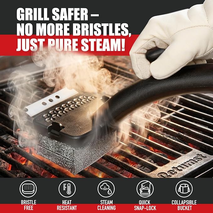 Qetumst Grill Brush Bristle Free with Collapsible Bucket, Steam BBQ Cleaning Kit & 3 in 1 Scraper, Extra Replaceable Head, Safe Outdoor Accessories for Cast Iron, Porcelain Grates