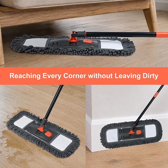 18" Dust Mop Floor Cleaning System, Flat Mop with Stainless Steel Handle, 3 Different Washable Pads Wet and Dust Mopping for Hardwood, Vinyl, Laminate, Tile Cleaning