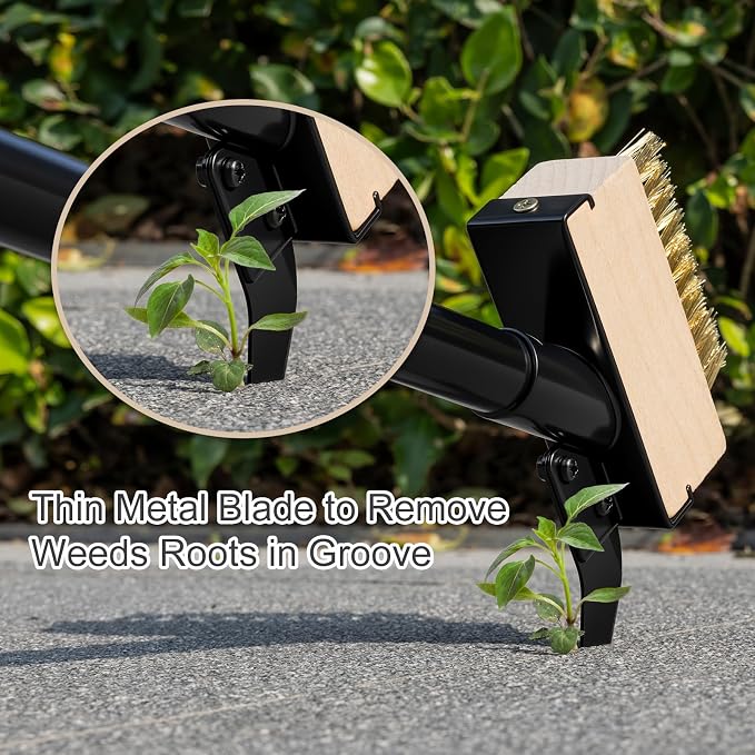 Weed Moss Remover Brush with Long Handle(57IN), Crack Weeder Moss Removal Tool with Wire Brush & Scraper, Weed Puller Crevice Cleaning, Remove Weeds on Roof Deck Driveway Paver(4 Brushes)