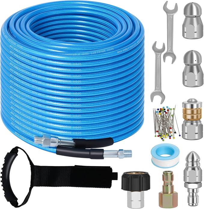 150FT Sewer Jetter Kit for Pressure Washer 5800PSI Drain Cleaner | 1/4" NPT Sewer Hose with 4 Jetting Nozzles, Handle Strap and Accessories for Long Distance Drain Cleaning