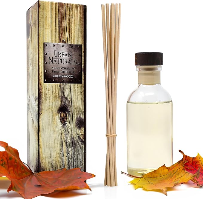 Reed Diffuser Set, Autumn Woods - Bathroom Shelf Décor | Dark walnut, English Lavender and White Amber, A Fresh, Earthy, Woodsy Fall Forage Scent, Made in the USA