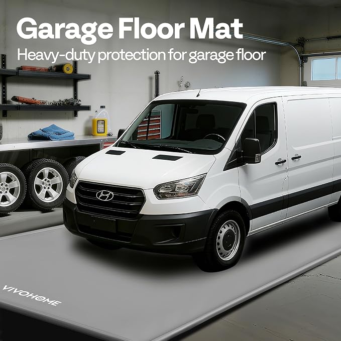 VIVOHOME Containment Mat (8'6" x 20') with Stay Put Corner, Gray | PVC Garage Floor Mats, Heavy Duty Garage Parking Mat with a Squeegee
