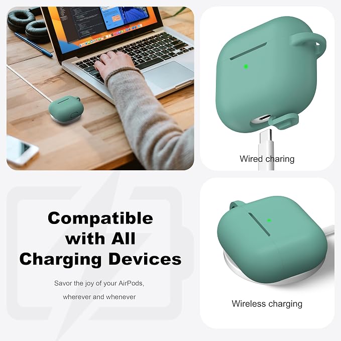 R-fun Compatible with AirPods 3 Case Cover, Silicone Protective Accessories Skin with Keychain Compatible with Apple AirPod 3rd Generation 2021 for Women Men Girls Boys,Front LED Visible,Pine Green