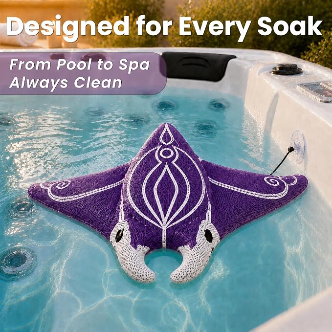 Swimming Pool & Swim Spa Scum Absorber - Purple Oil Absorbing Stingray, Reusable Floating Sponge Soaks Up Oil Makeup Lotion from Pool Surface, Machine Washable