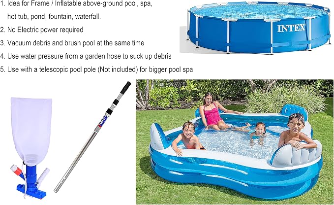 Pool Spa Jet Vacuum Cleaner w/Brush for Frame Above Ground/Inflatable Pools, Spa, Hot Tub Vacuuming, Use Water Pressure from Garden Hose to Vacuum (Use with A Telescopic Pool Pole, Not Included)