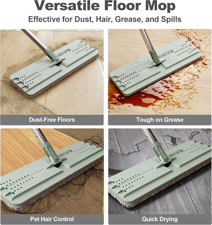 JOYMOOP Flat Mop Replacement Set, Microfiber Cleaning Head with 60" Handle and Flexible 15" Frame, Green, for Floor and Wall Cleaning