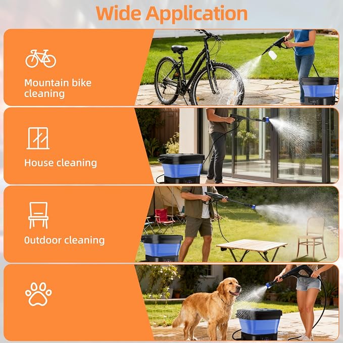 Portable Pressure Washer Rechargeable with 13L Water Tank, Foldable Power Washer Cordless, 7 Adjustable Pressure Levels, Water Sprayer with 23FT Hose for Camping, Bike, Pet, Garden, Car Wash