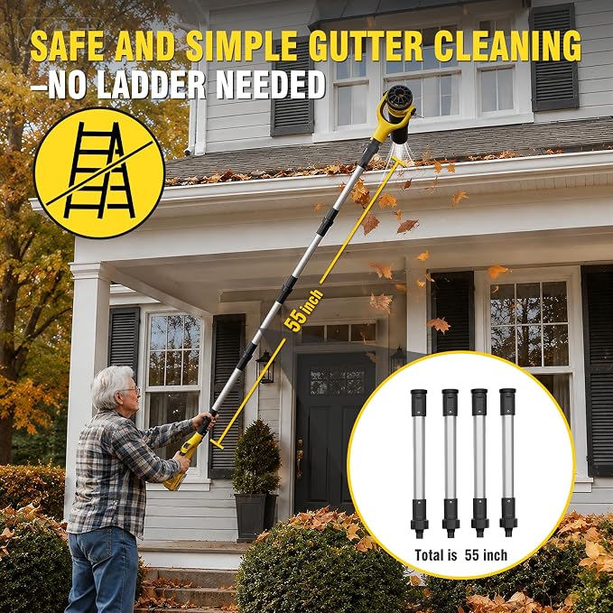 Cordless Gutter Leaf Blower for DeWalt 20V Battery(Tool Only) | No-Ladder Gutter Cleaner,580 CFM / 180 MPH Brushless Motor,55" Extension Kit,3 Speeds,270° Adjustable Nozzle