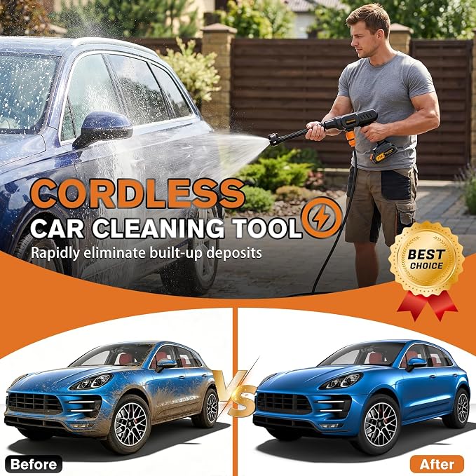 Cordless Pressure Washer, 900PSI Portable Power Washer with 6-in-1 Nozzle | Water Pressure Washer with Charge & 2*21V Batteries, Electric Power Cleaner for Car Wash, Garden, Patio & Home
