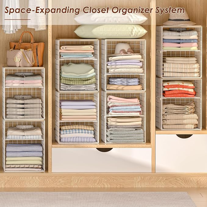 4-Tier Stackable Closet Organizers and Storage, Adjustable Dividers & Wood Top Storage Shelves for Clothes, Wardrobe & Closet Storage Basket Bins/Cube, Space-Saving Closet Organizer System, White