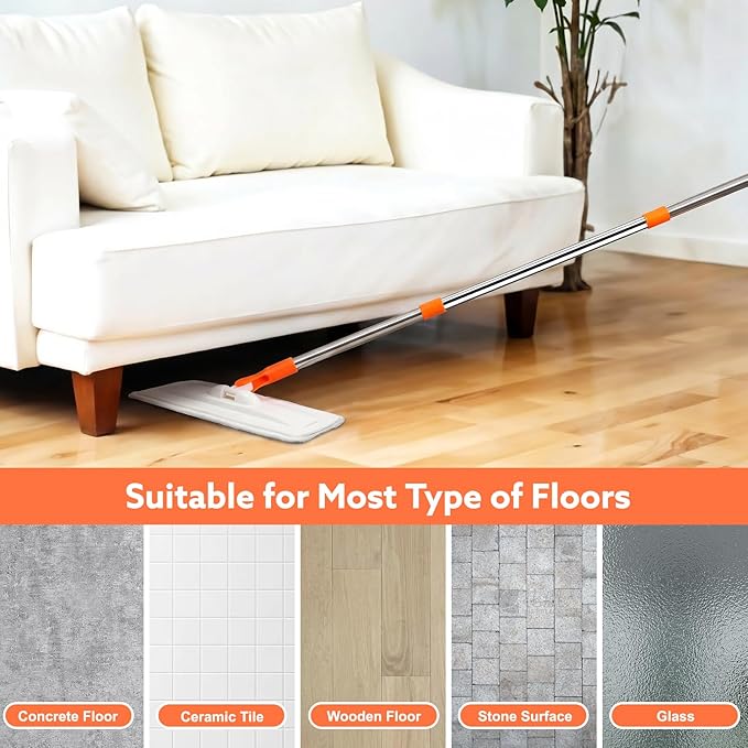 wlich Microfiber Flat Mop, 55" Extendable, 2 Washable Pads, White & Orange | Wet & Dry Cleaning, 360° Swivel Head, Lightweight Aluminium Handle for Tile, Wood, Laminate and Marble Floors