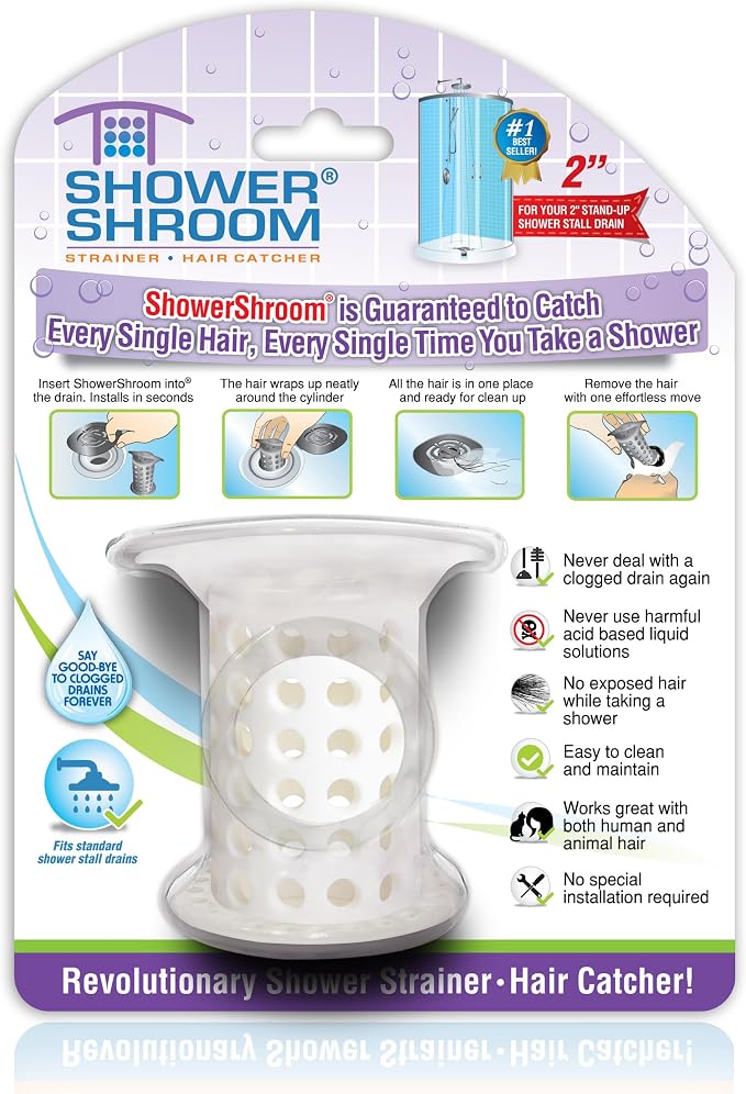 ShowerShroom the Revolutionary 2" Stand-Up Shower Stall Drain Protector Hair Catcher/Strainer, White