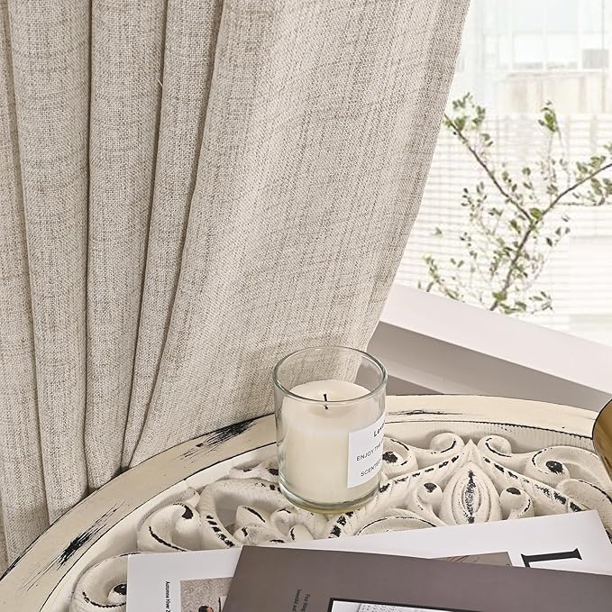 YoungsTex Beige Linen Semi Sheer Curtains 63 Inch Length for Living Room, Light Filtering Window Drapes with Rod Pocket Back Tab Natural Textured for Country Bedroom, 2 Panels, 52 X 63 Inch