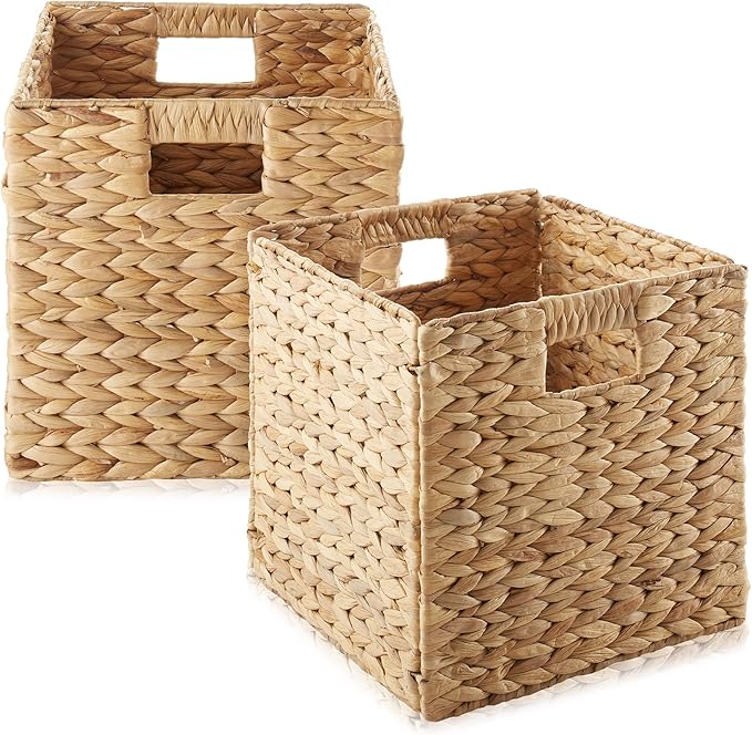 Casafield 10.5" x 10.5" Water Hyacinth Storage Baskets, Natural - Set of 2 Collapsible Cube Organizers, Woven Bins for Bathroom, Bedroom, Laundry, Pantry, Shelves