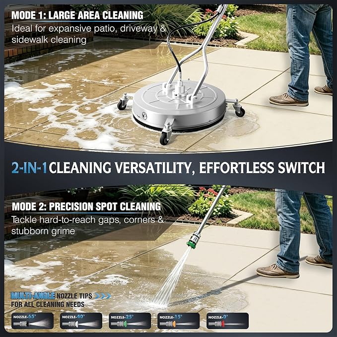 RAYNEL 24" Pressure Washer Surface Cleaner, Power Washer Accessory | Stainless Steel Housing, 4 Wheels, Dual Handles, 2 Hose Adapters, 5 Spray Nozzles & 4 Replacement Nozzles, Max 4000 PSI