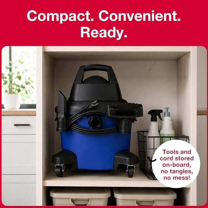 Koblenz WD-12 L4 Wet Dry Vacuum Cleaner, 12 Gallon 5.5 PHP | 3-in-1 Suction & Blower, 32 ft Reach, Large Vacuum Cleaner for Car, Shop Vacuum Wet and Dry, CLICK-N-LOCK Hose, Blue/Black