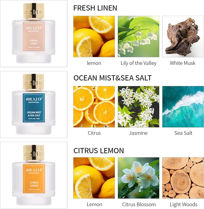 Reed Diffuser Set of 3,Fresh Linen Ocean Mist&Sea Salt Citrus Lemon Oil Reed Diffusers for Bedroom Living Room Office Aromatherapy Oil Reed Diffuser for Gift 50ml x 3