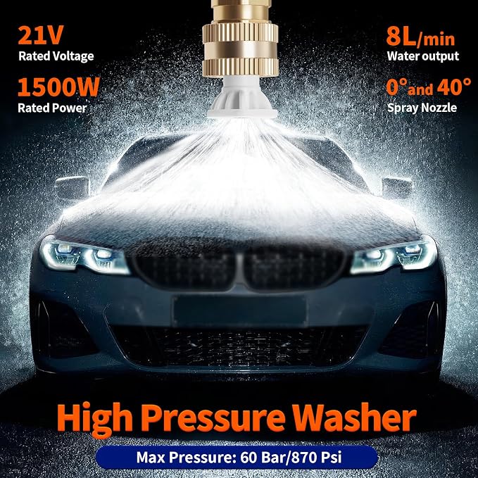 21V Cordless Pressure Washer with 2*2000mAh Battery, 1500W Portable Pressure Washer, High Jet Washer Kit with 2 Nozzles(0°,40°), 16.4FT Hose, Connector, Foam Bottle Pressure Cleaner for Car