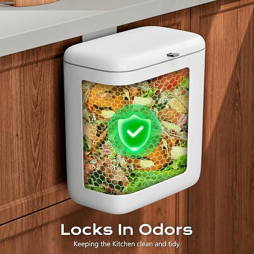 Hanging Trash Can with Lid, Kitchen Compost Bin, Waterproof Odor-Blocking Countertop Trash Can for Cabinet Door, Under Sink, Bathroom, RV and Office