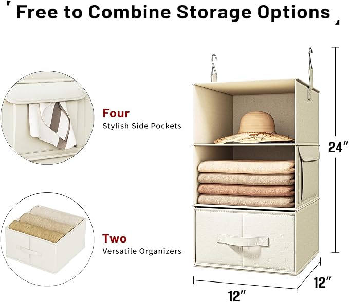 Vailando 2 Pack 3-Shelf Hanging Closet Organizer with 2 Drawers, Beige | Two Hanging Organizers with Fabric Drawers, Space-Saving Closet Storage for Clothes, Baby Items, Nursery and Dorm Rooms