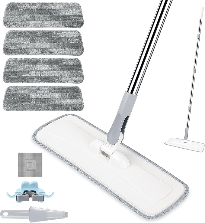 wlich Microfiber Floor Mop, 55" Extendable Flat Mop with 4 Reusable Pads | 360° Rotating Head, 4 Pads, 1 hook, 1 wall piece, and 1 scraper, Wet Dry Dust Mop for Bathroom Kitchen Floor,Ceramic Tiles