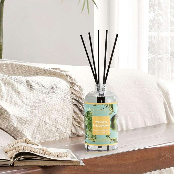Reed Diffuser Refill Wild Mint & Eucalyptus 17oz (500ml) with 8 Sticks - Premium Long-Lasting Scented Oil, Home Fragrance for Bedroom, Bathroom Home Decor