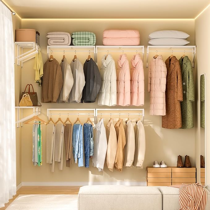ThreeHio Expandable Closet Shelves Wall Mounted, 3 Pack Closet Shelving with Hanging Rods, Wall Shelving for Walk-in Closet, Hanging Shelves Organizer and Storage for Closet, Laundry