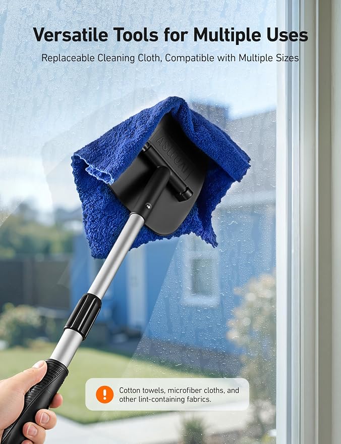 AstroAI 4pcs Windshield Cleaner Tool for Effortless Installation | Extendable Handle, 4 Reusable Microfiber Pads, Streak-free & Lint-free, Auto Glass Wiper Brush for Car & Home, Blue