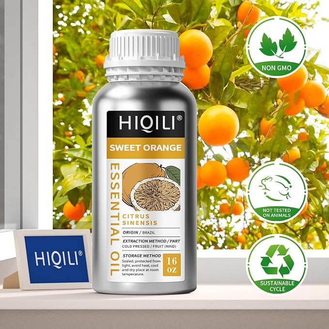 HIQILI Sweet Orange Essential Oil Large Capacity for Skin Care & Diffusers | Air Freshening & Space Cleaning for DIY Studio, Spa, Hotel & Household Stock, Mall, Beauty Salon - 500mL / 16 fl oz