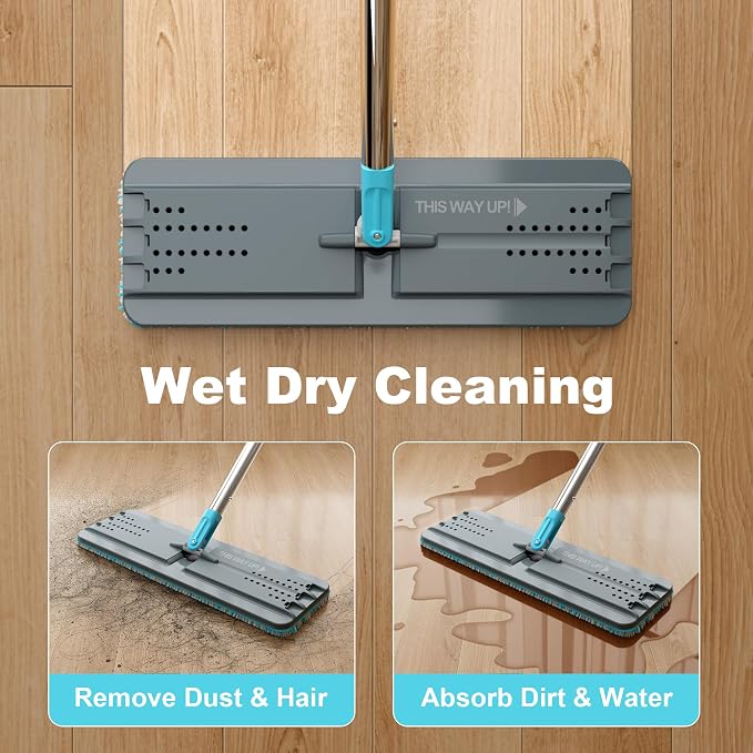 JOYMOOP Flat Mop, Microfiber Floor Cleaner with 60" Long Handle and Flexible 13" Head, Grey & Cyan Blue