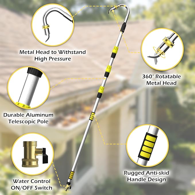 24FT Reach Telescopic Gutter Cleaning Tool, 8-15FT Gutter Cleaner from the ground with 360°Rotatable Duckbill Metal Head, Shut Off Valve, Leak-Proof Gutter Cleaning Wand for Garden Hose