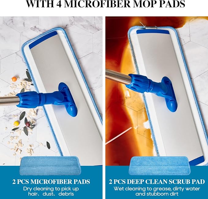 HONOVA 17.5" Microfiber Mop for Floor Cleaning, Blue Flat Floor Mop | 59" Stainless Steel Handle, 4 Reusable Washable Replacement Pads, Wet & Dry Use, for Hardwood Tile Laminate