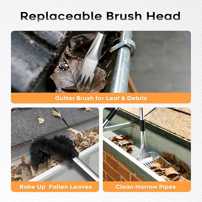 13ft Gutter Cleaning Tools From the Ground, No Ladder Needed, 3-in-1 Gutter Cleaner Pole with Replaceable Brush Rake Scoop, 180° Adjustable Angle for Leaves & Debris Cleaning with Grip Tapes