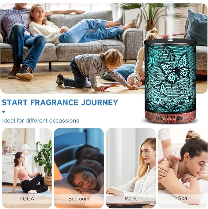 Essential Oil Diffuser 120ML Metal Aromatherapy Diffuser with Timer, Cool Mist Humidifier with Auto Shut-Off & 7 Color Lights for Home Office Spa (Big Butterfly)