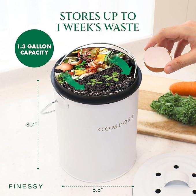 FINESSY Kitchen Compost Bin Countertop White, Indoor Composter 1.3 Gallon | Countertop Compost Bin with Lid Charcoal Filter (2) & Removable Inner Bucket. Dishwasher Safe Composting Bin.
