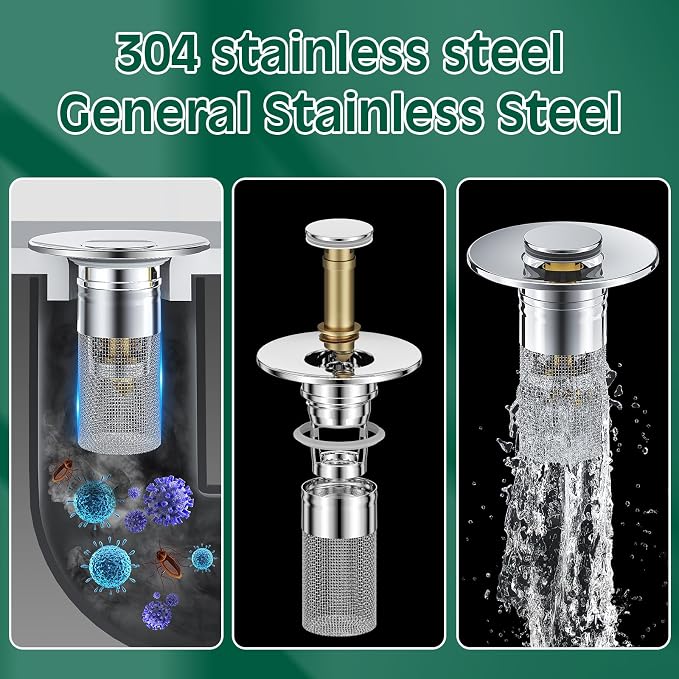 Vodolo 3 in 1 Sink Drain Strainer with Hair Catcher,4PCS Stainless Steel Popup Sink Stopper with Basket for Bathroom Kitchen Shower,Pop-up Bounce Core Floor Basin Drain Filter,Replacement Sink Plug
