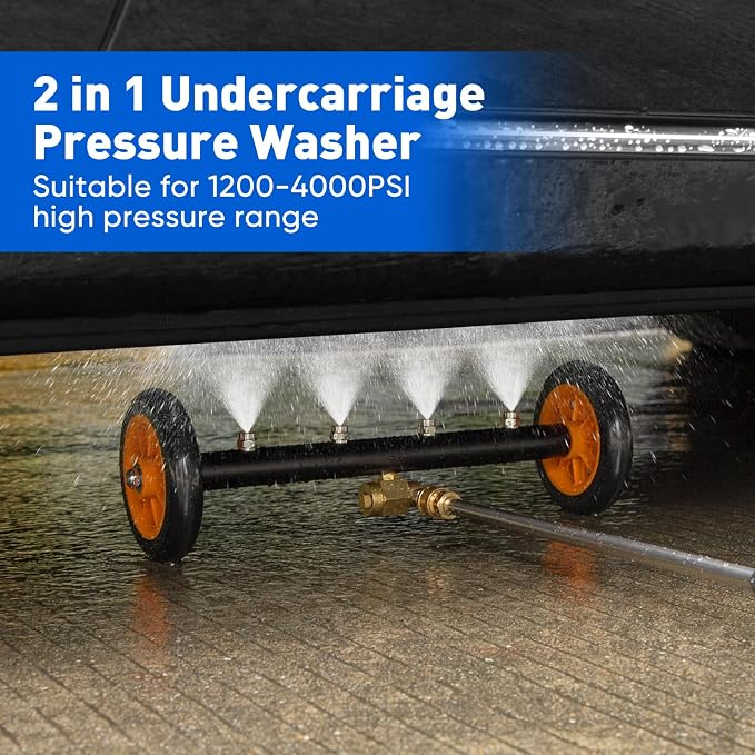 2-in-1 16'' Undercarriage Pressure Washer Water Broom, 4000PSI Cleaner | 4 Replaceable Nozzles Under Car Pressure Washer Attachment with 3 Pieces Extension Wand&Hub Brusher for Surface Power Washer