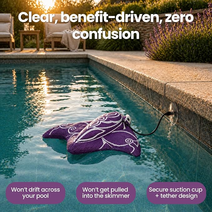 Swimming Pool & Swim Spa Scum Absorber - Purple Oil Absorbing Stingray, Reusable Floating Sponge Soaks Up Oil Makeup Lotion from Pool Surface, Machine Washable