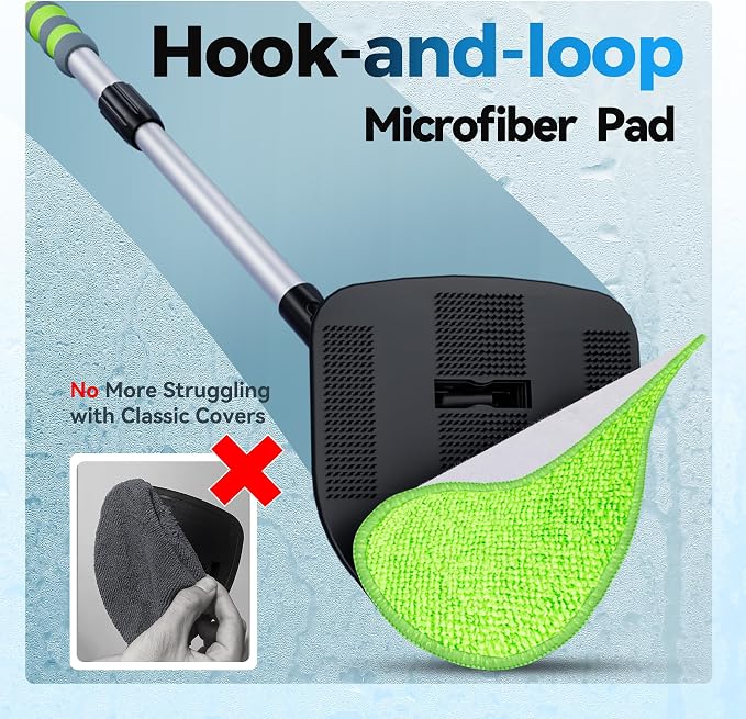 XINDELL Interior Windshield Cleaner Tool, Car Window Cleaning Kit with 4 Reusable Microfiber Pads, Extendable Handle & 360° Rotating Head, Safety Hammer, Streak-Free Auto Glass Wiper for Truck SUV RV