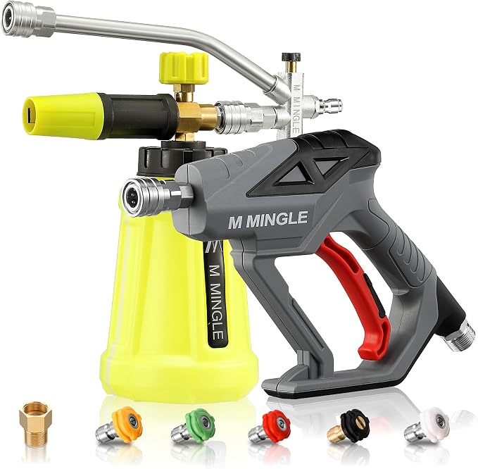 M MINGLE Pressure Washer Gun with Foam Cannon & Dual Connector Accessory | Car Wash Foam Gun Kit with 1/4 Inch Quick Connector, 5 Pressure Washer Nozzle Tips