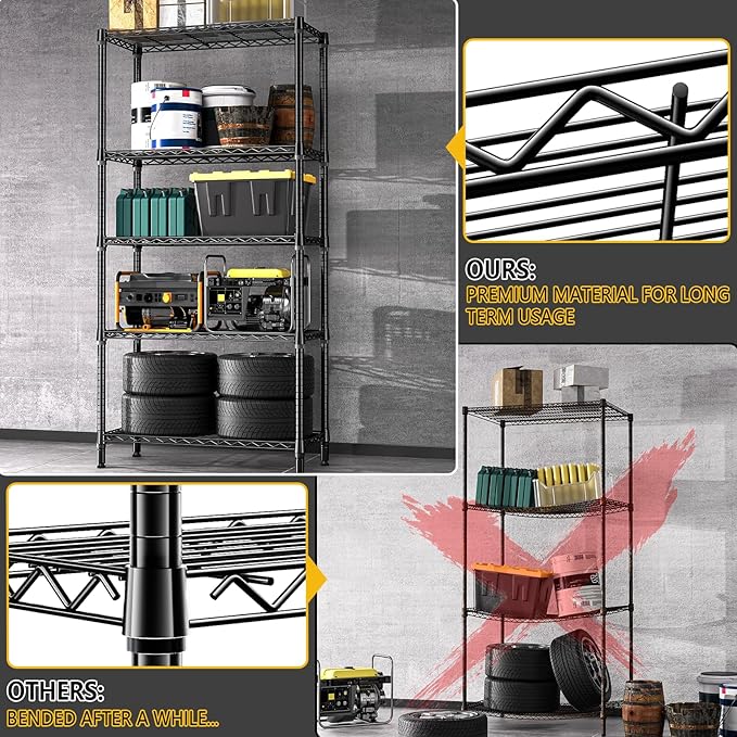 1250 lbs 5 Tier Shelf Metal Storage Shelves Shelving Wire Rack Heavy Duty Closet Organizers for Garage Kitchen Bathroom Laundry Black 15.7" D x 33.5" W x 68.5" H