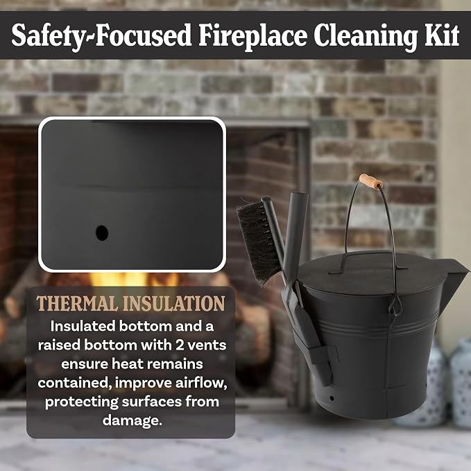 Pure Garden Ash Bucket with Lid, Broom, and Shovel, Black, 11”x12.2”x11” | 2.11-Gallon Metal Bucket for Fireplace or Firepit Ashes, Fireplace Tools