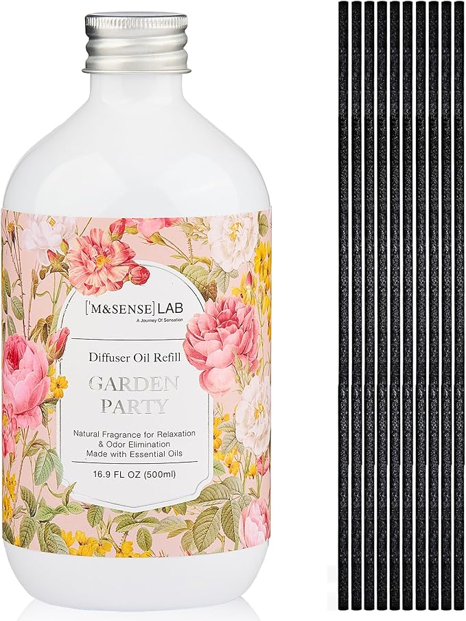 M&SENSE Reed Diffuser Set, Garden Party, 17oz Natural Essential Oil | Non-Toxic Organic, Long-Lasting Fragrance, Ideal for Living Room, Entryway, Gifts for Women