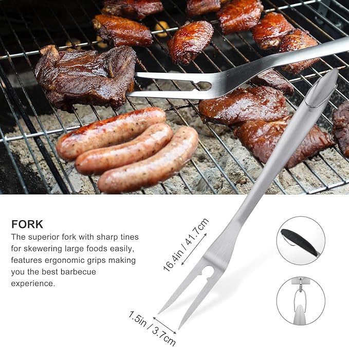 grilljoy 8PCS BBQ Grill Tools Set with Extra Thick Stainless Steel Spatula, Fork, Tongs & Cleaning Brush - Complete Barbecue Accessories Kit with Portable Bag - Perfect Grill Gifts for Father's Day