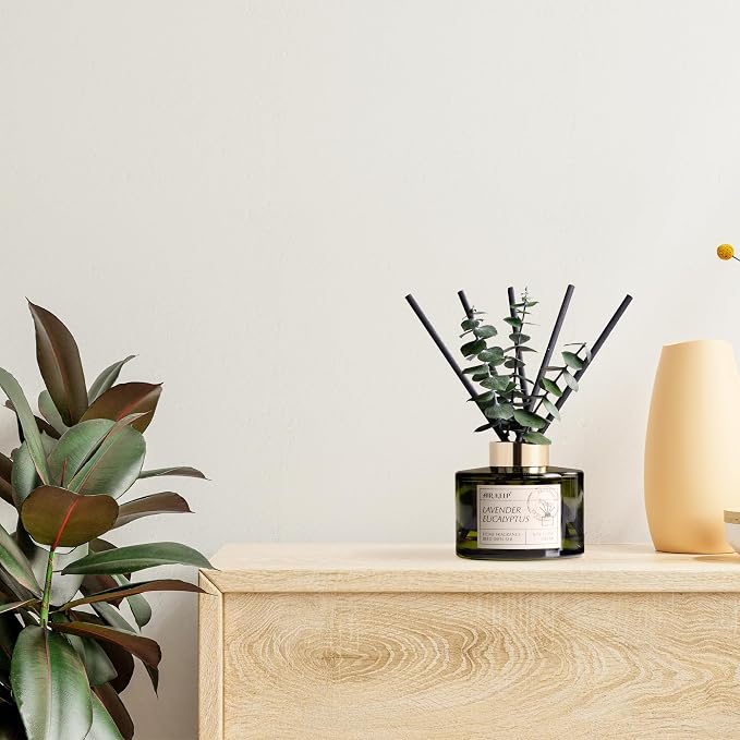 Reed Diffuser Set with 6.76 fl oz Lavender Eucalyptus Scent Essential Oils and 3 Leaves & 8 Diffuser Sticks,Bathroom Shelf Decor & Air Freshener, House Bedroom Office Decor & Gifts