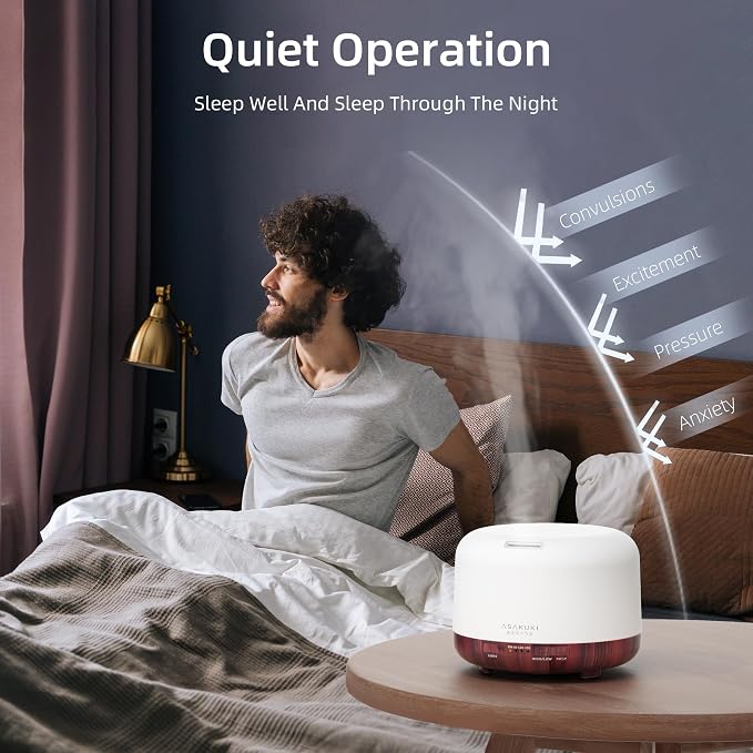 ASAKUKI Essential Oil Diffuser for Home, 500ML Aromatherapy Humidifier | with Remote Control, 7 Color LED Lights, Quiet Cool Mist Diffuser for Bedroom, Living Room, Office (Reddish-Brown)
