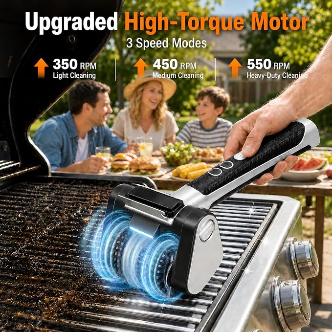 Electric Grill Brush, Cordless BBQ Grill Cleaner with High Torque Motor, 3-Speed Rotary Brush, LED Light & Stainless Steel Scraper, 4000mAh Rechargeable Tool for Outdoor Grills, Griddles & Smokers